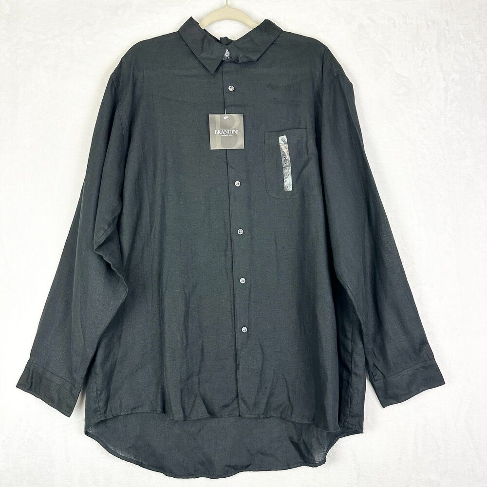 Brandini Men's 100% Linen Long Sleeve Button Up Shirt Size XL NWT Black Washable